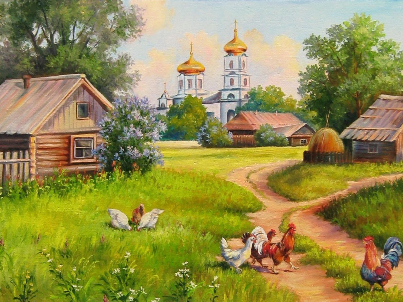 Деревенский пейзаж рисунок
